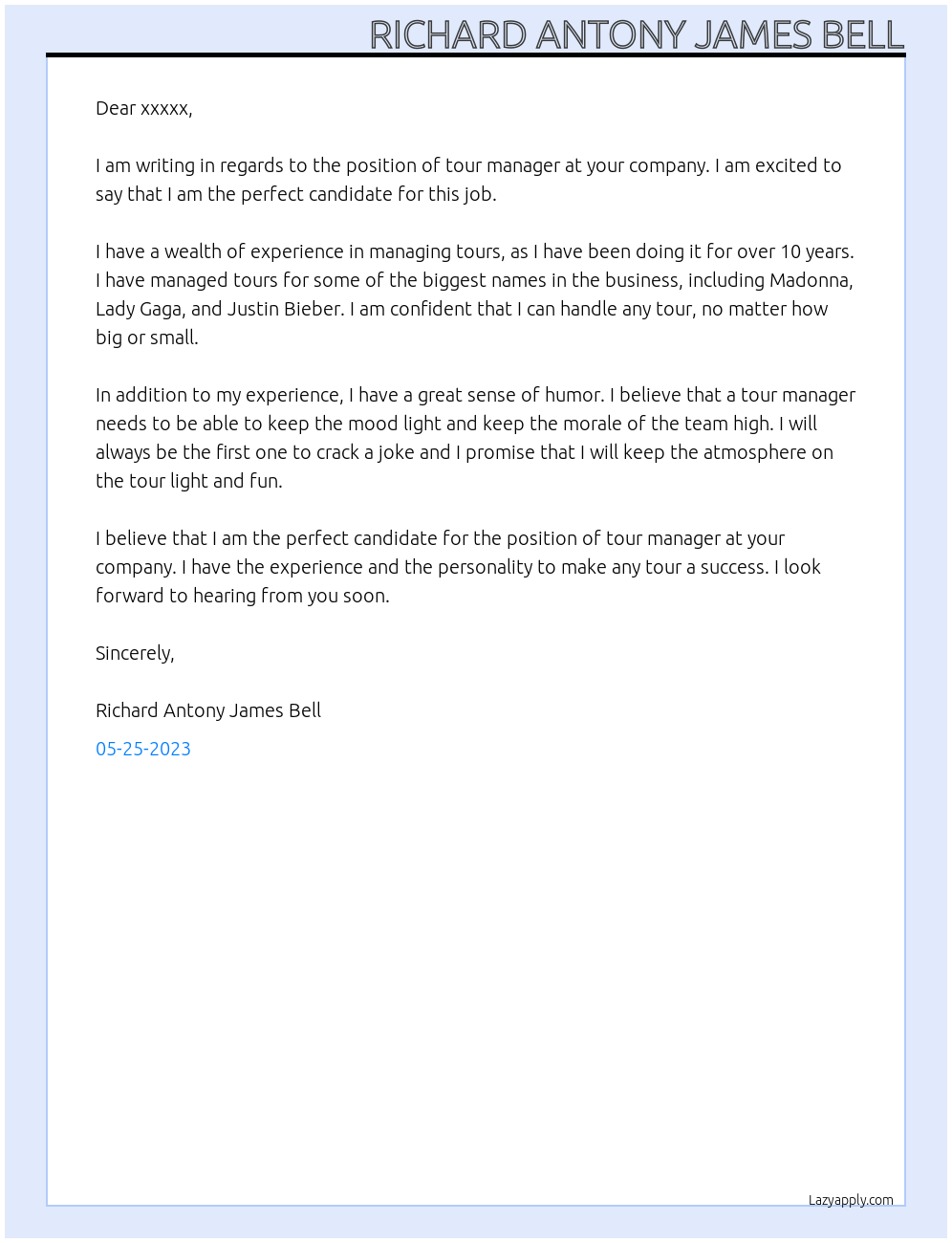 tour manager At entertainment Cover Letter