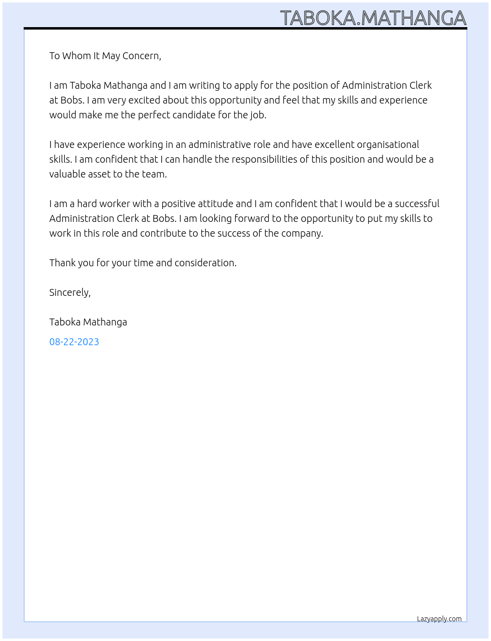 administration clerk At bobs Cover Letter