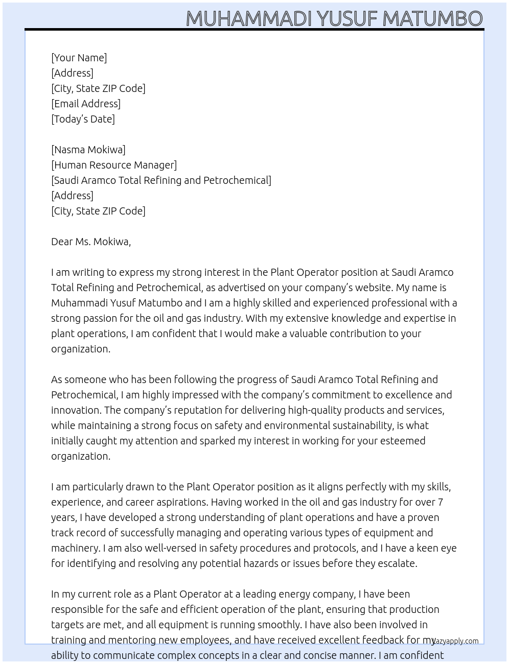 plant operator At Saudi Aramco Total Refining and Petrochemical Cover Letter