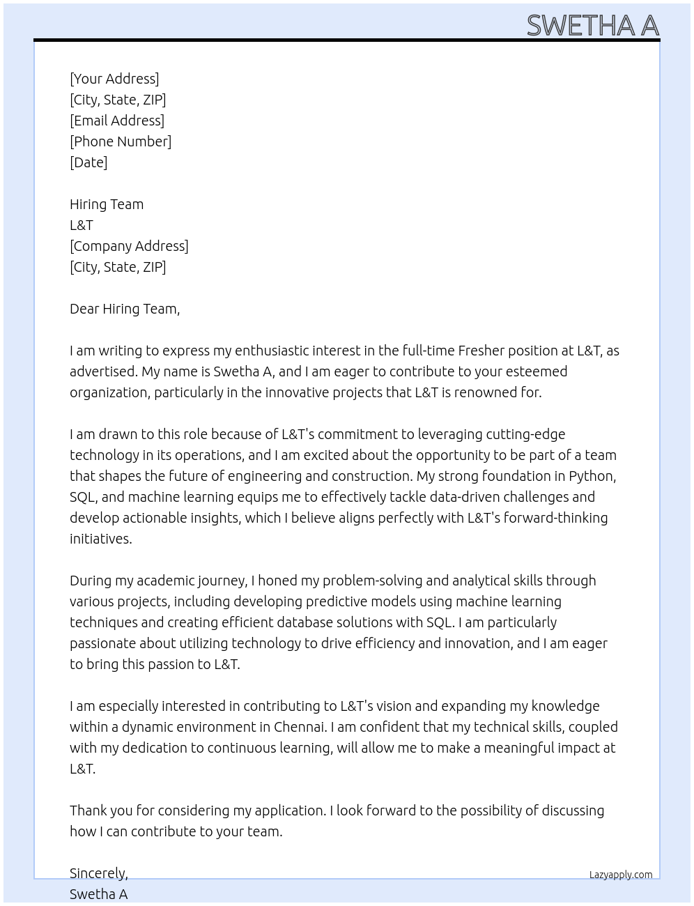 Fresher At L&T Cover Letter