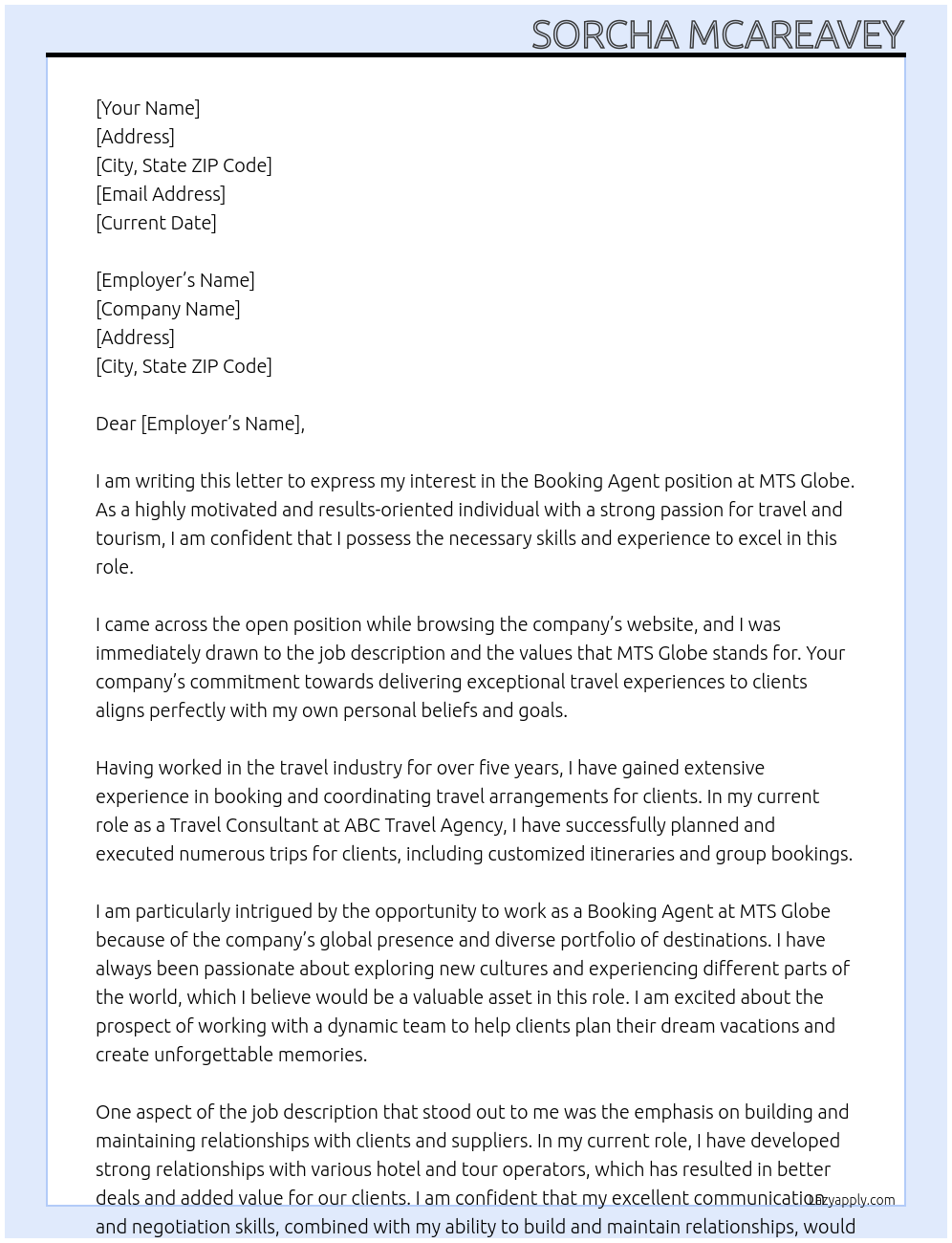 Booking Agent At MTS Globe Cover Letter