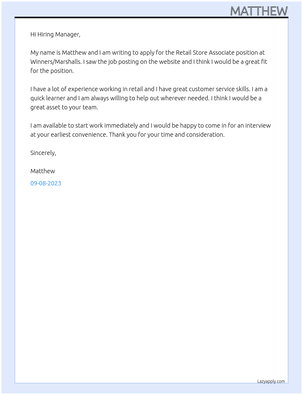 Retail Store Associate At Winners/Marshalls Cover Letter