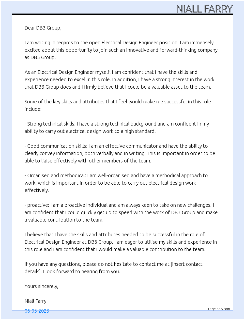 Electrical Design Engineer At DB3 Group Cover Letter