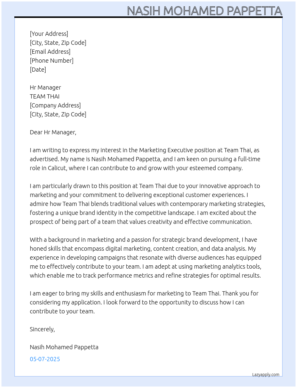 MARKETING EXECUTIVE At TEAM THAI Cover Letter