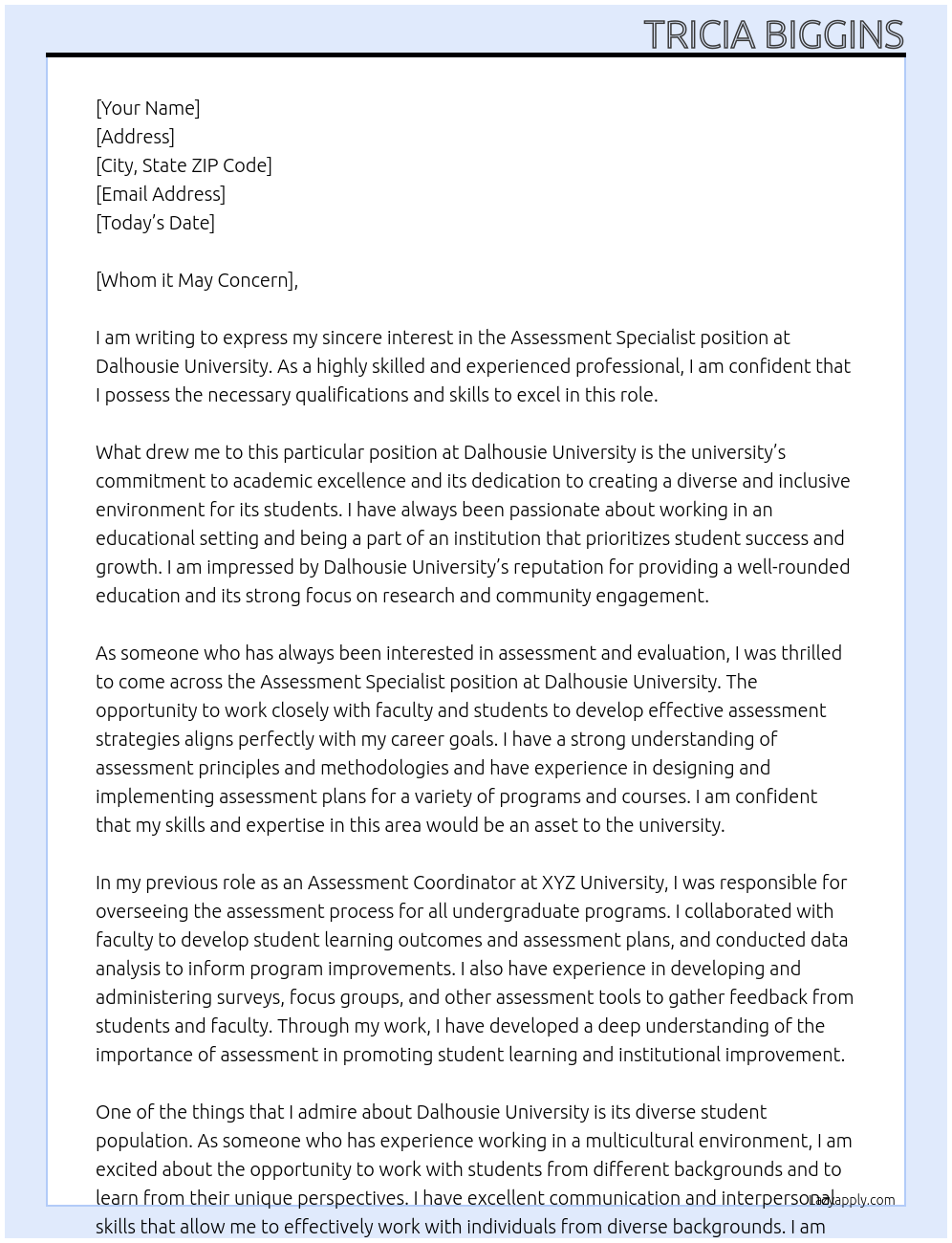 Assessment Specialist At Dalhousie University Cover Letter