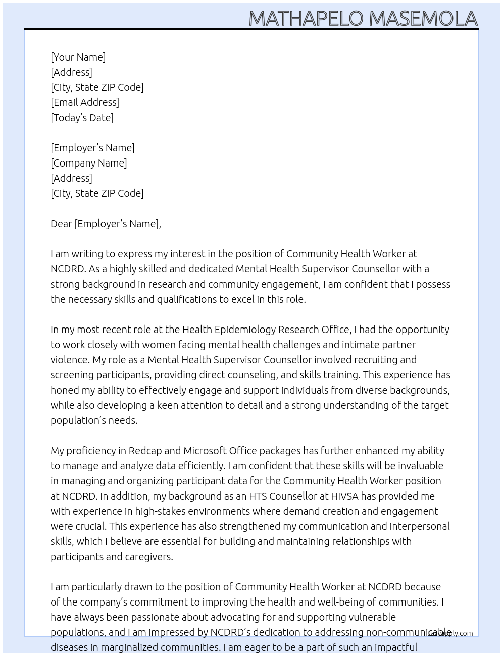 Community health Worker At NCDRD Cover Letter