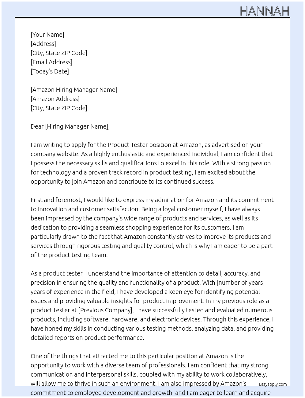 Product tester At Amazon Cover Letter