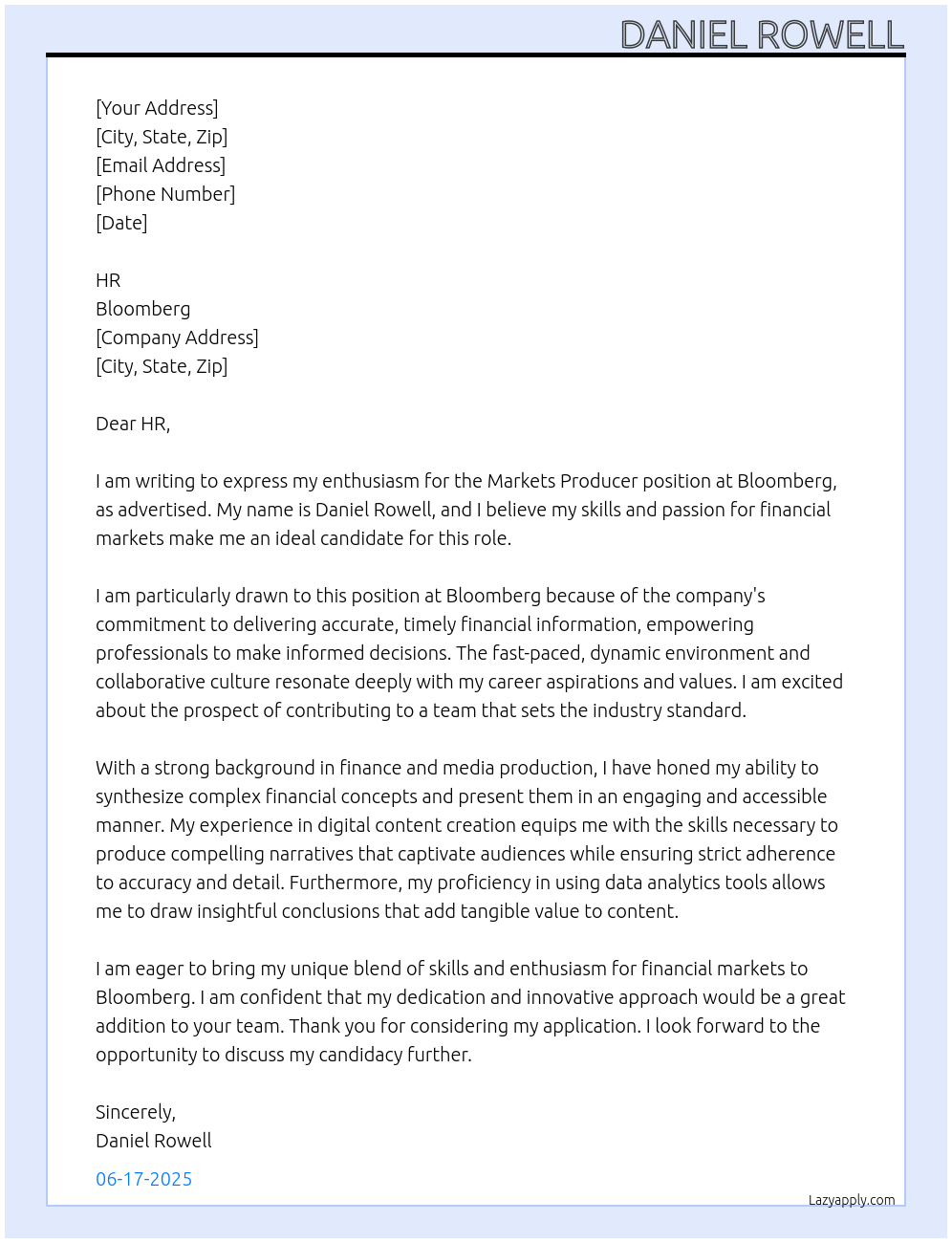 Markets Producer At Bloomberg Cover Letter