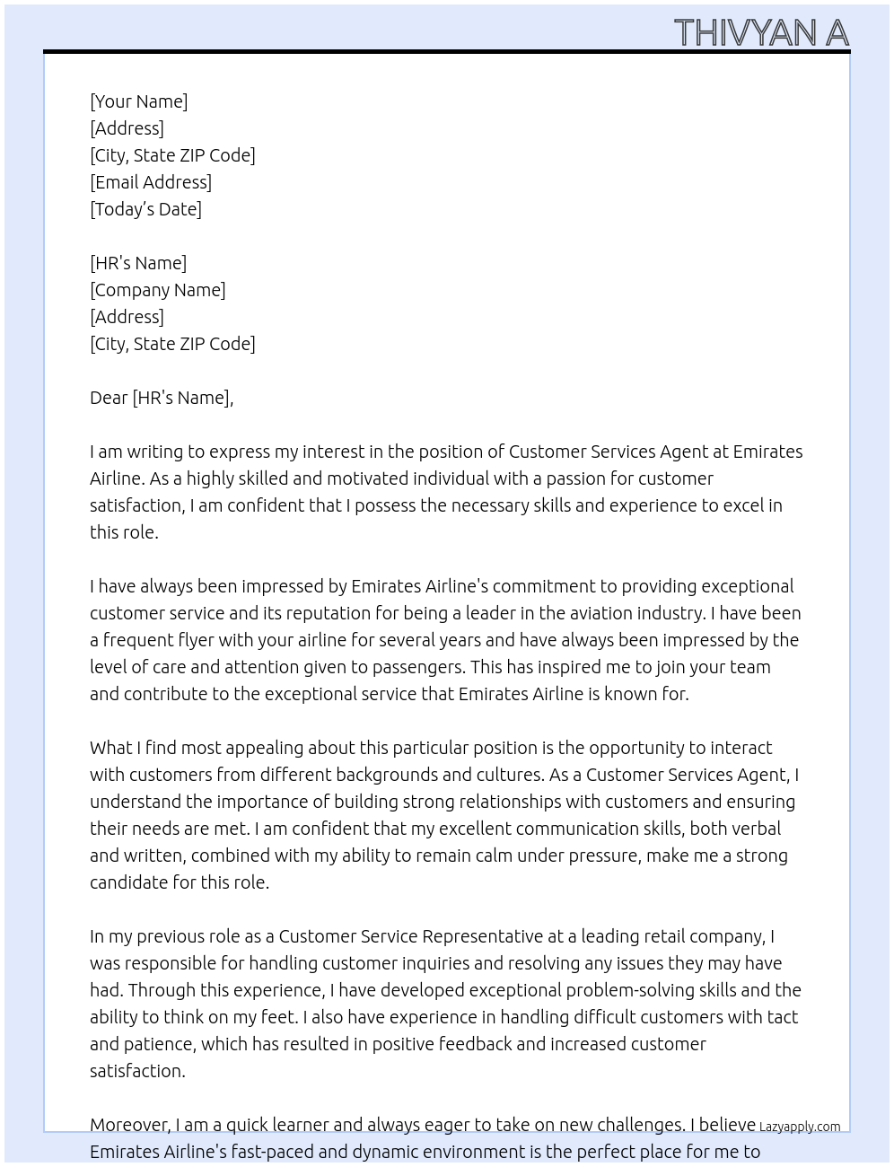 Customer Services Agent At Emirates Airline Cover Letter