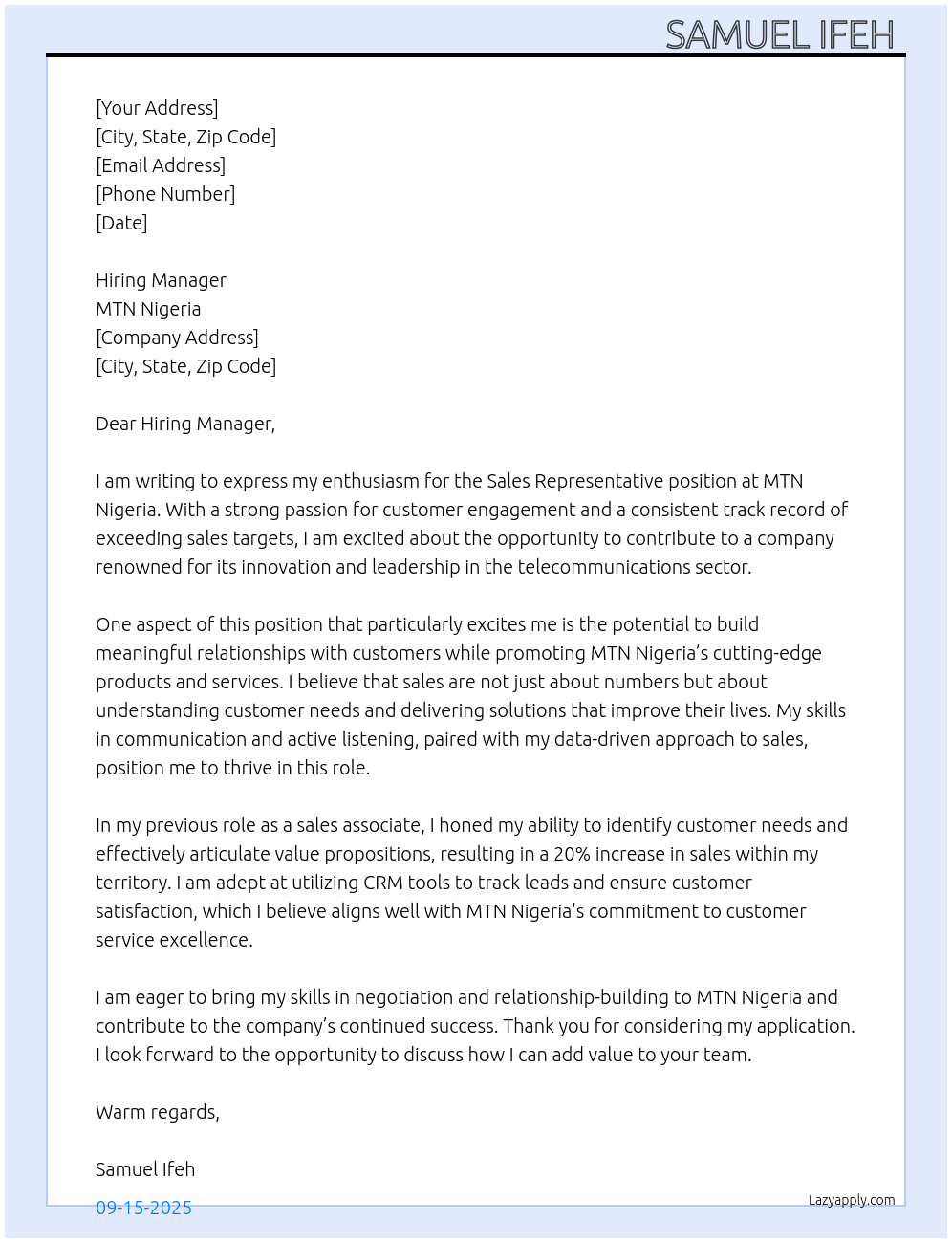 Sales representative At Mtn Nigeria Cover Letter