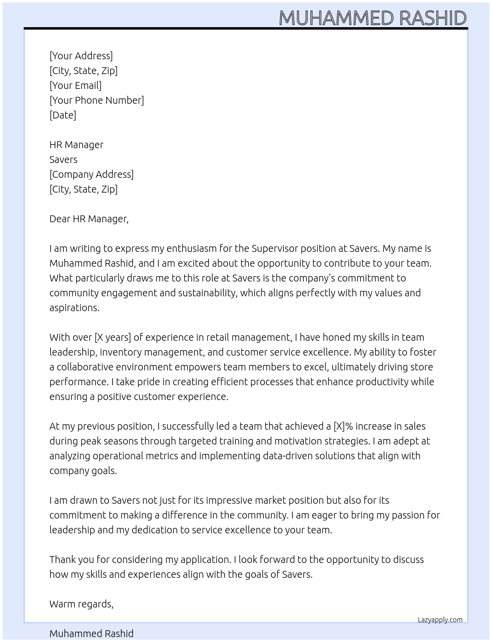 Supervisor At Savers Cover Letter