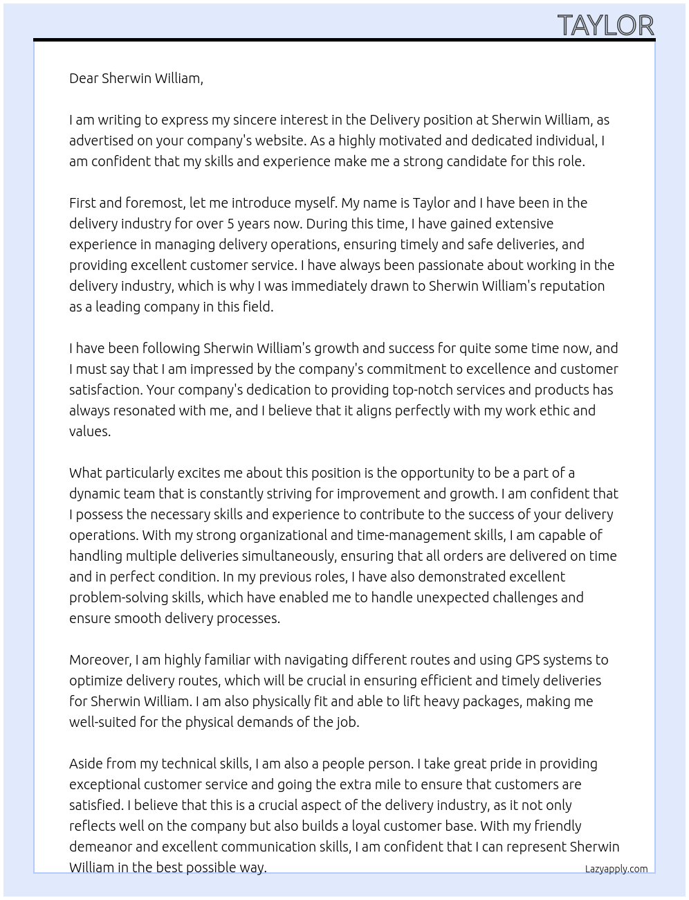 Delivery  At Sherwin William Cover Letter