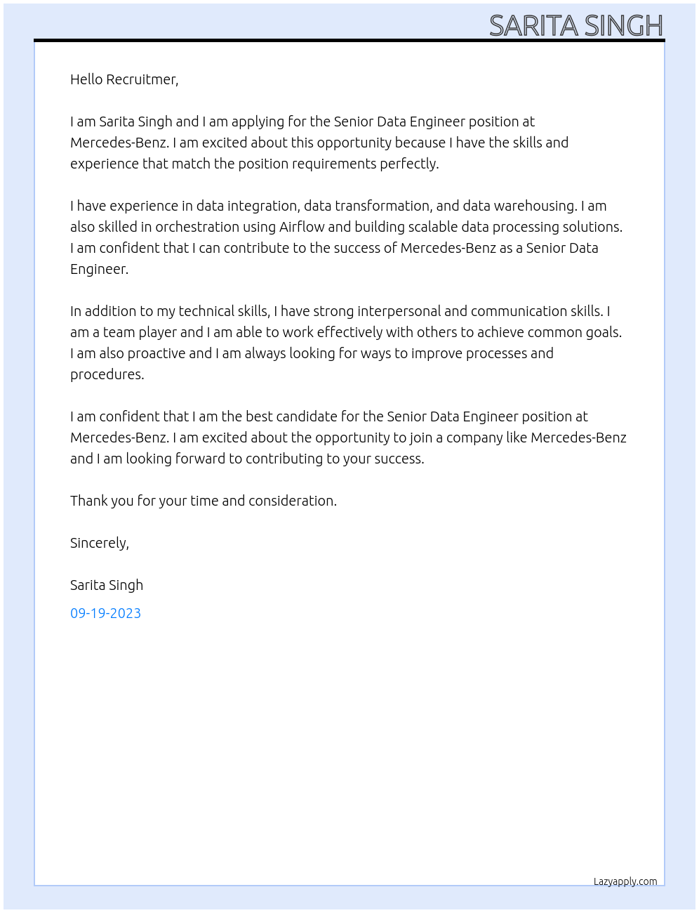 Senior Data Engineer At Mercedes-Benz Cover Letter