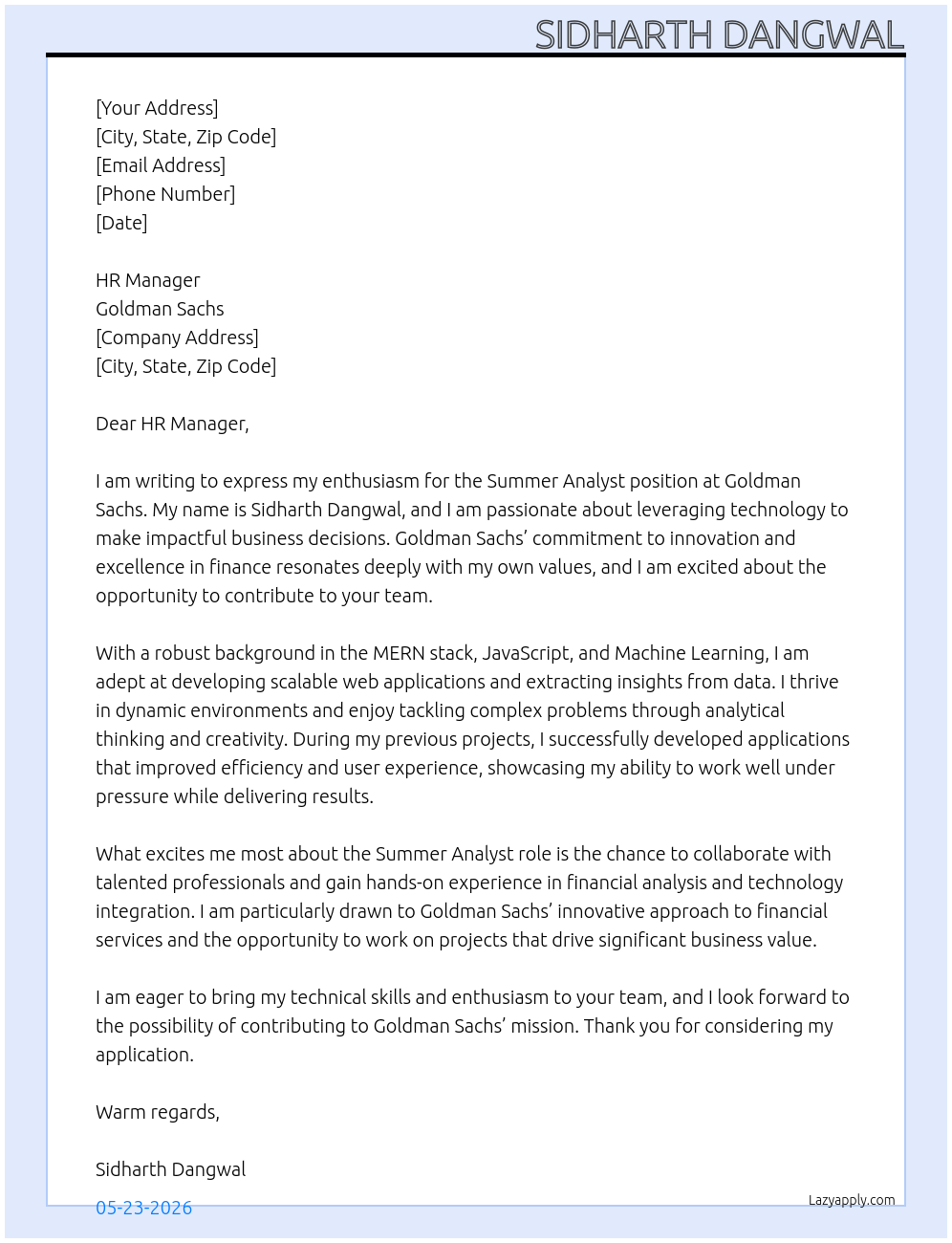 Summer Analyst At Goldman Sachs Cover Letter