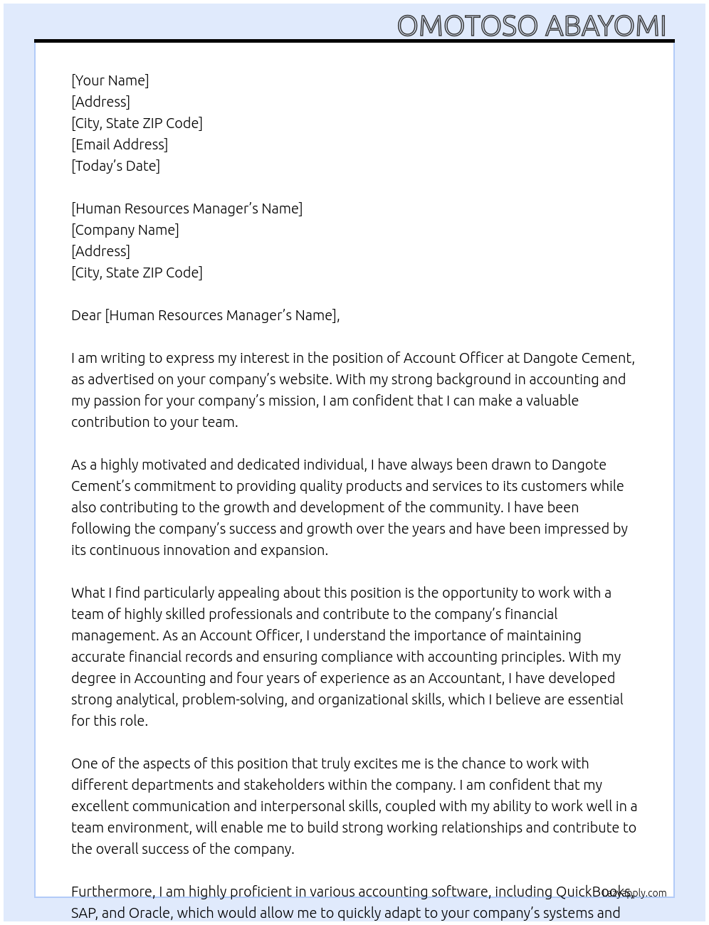Account officer At Dangote cement Cover Letter