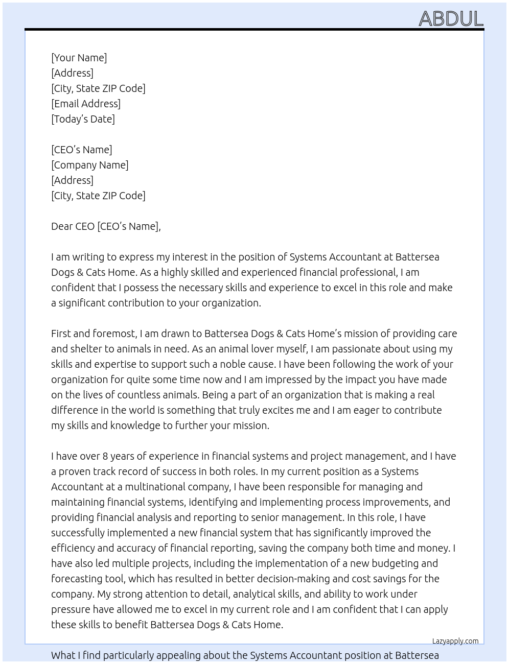 Systems Accountant At Battersea Dogs & Cats Home Cover Letter