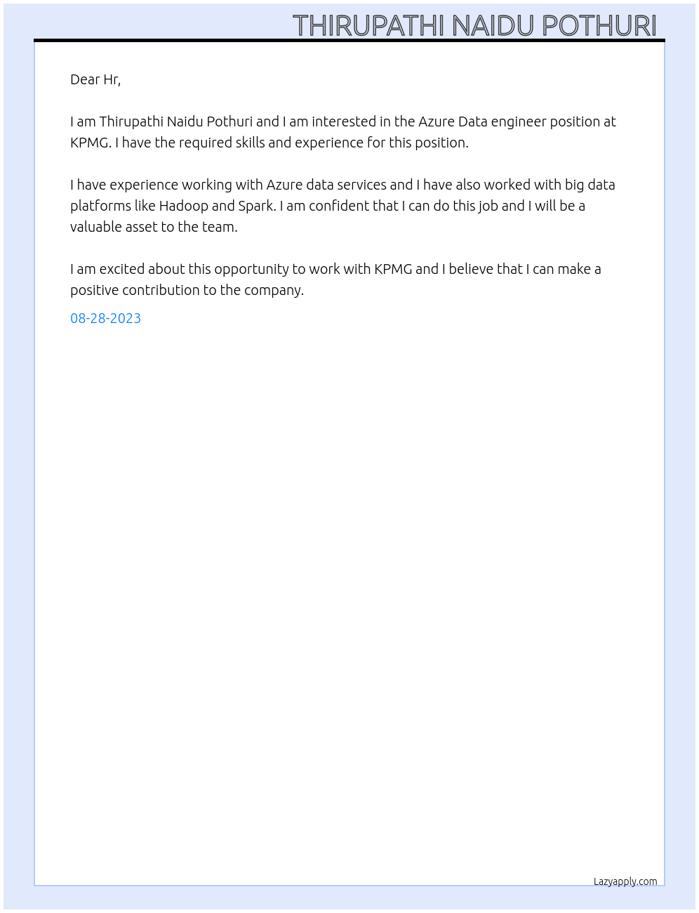 Azure Data engineer At KPMG Cover Letter