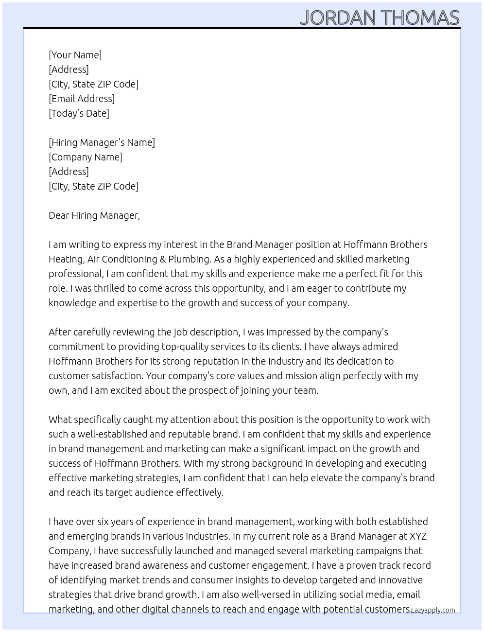 Brand Manager At Hoffmann Brothers Heating, Air Conditioning & Plumbing Cover Letter