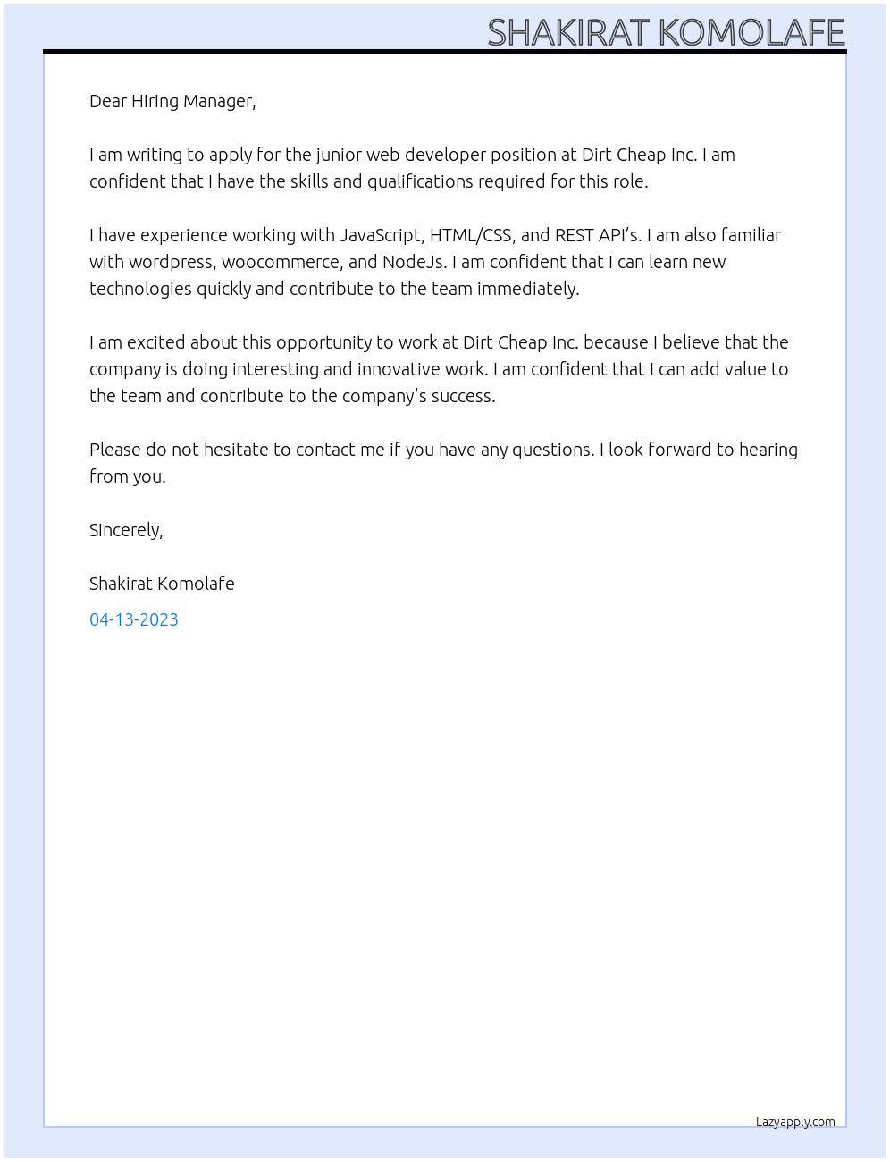 junior web developer At Dirt Cheap Inc. Cover Letter