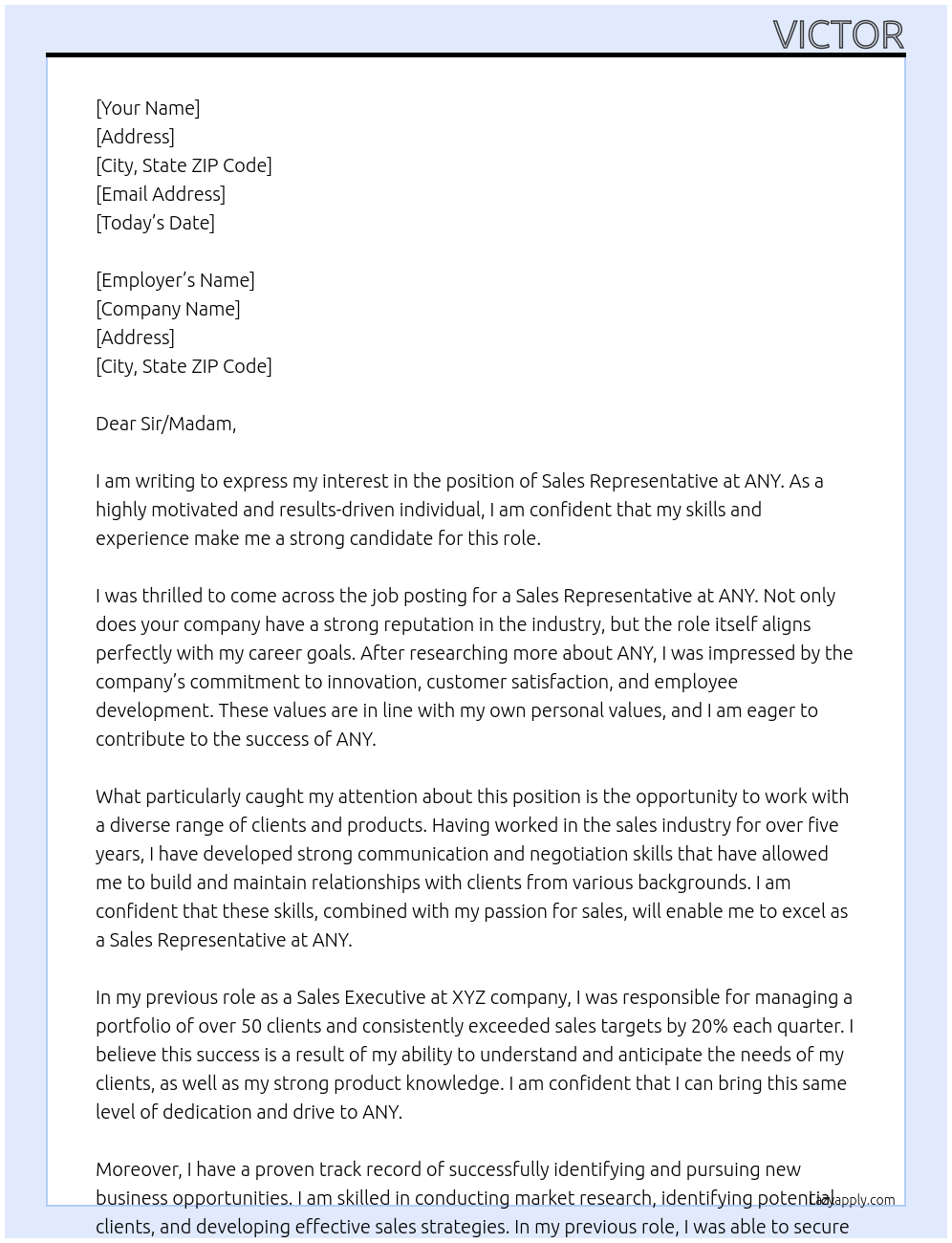 sales rep At ANY Cover Letter