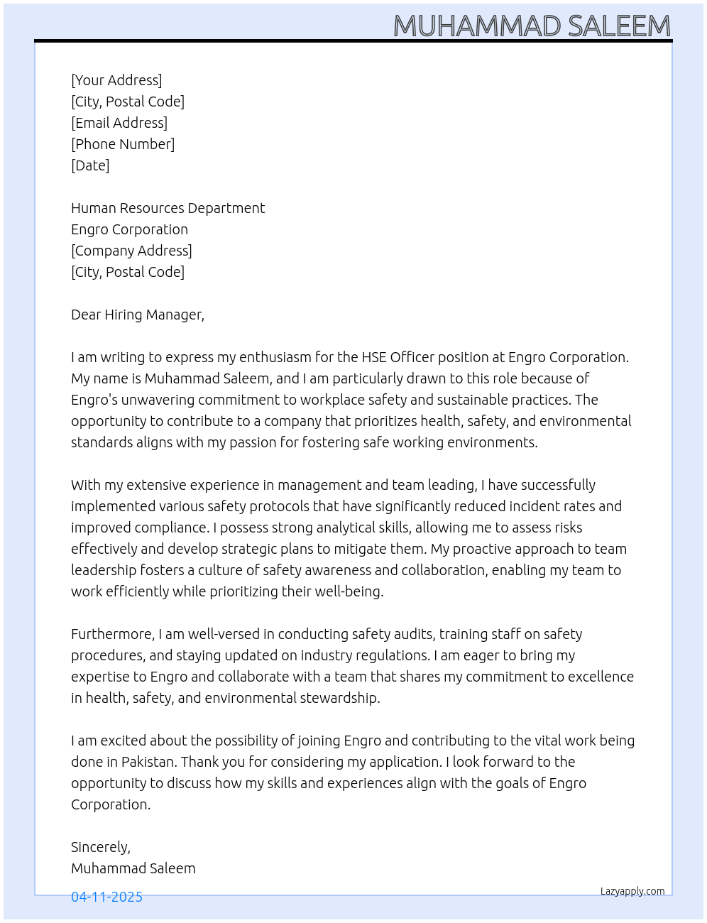 HSE OFFICER At Engro Cover Letter