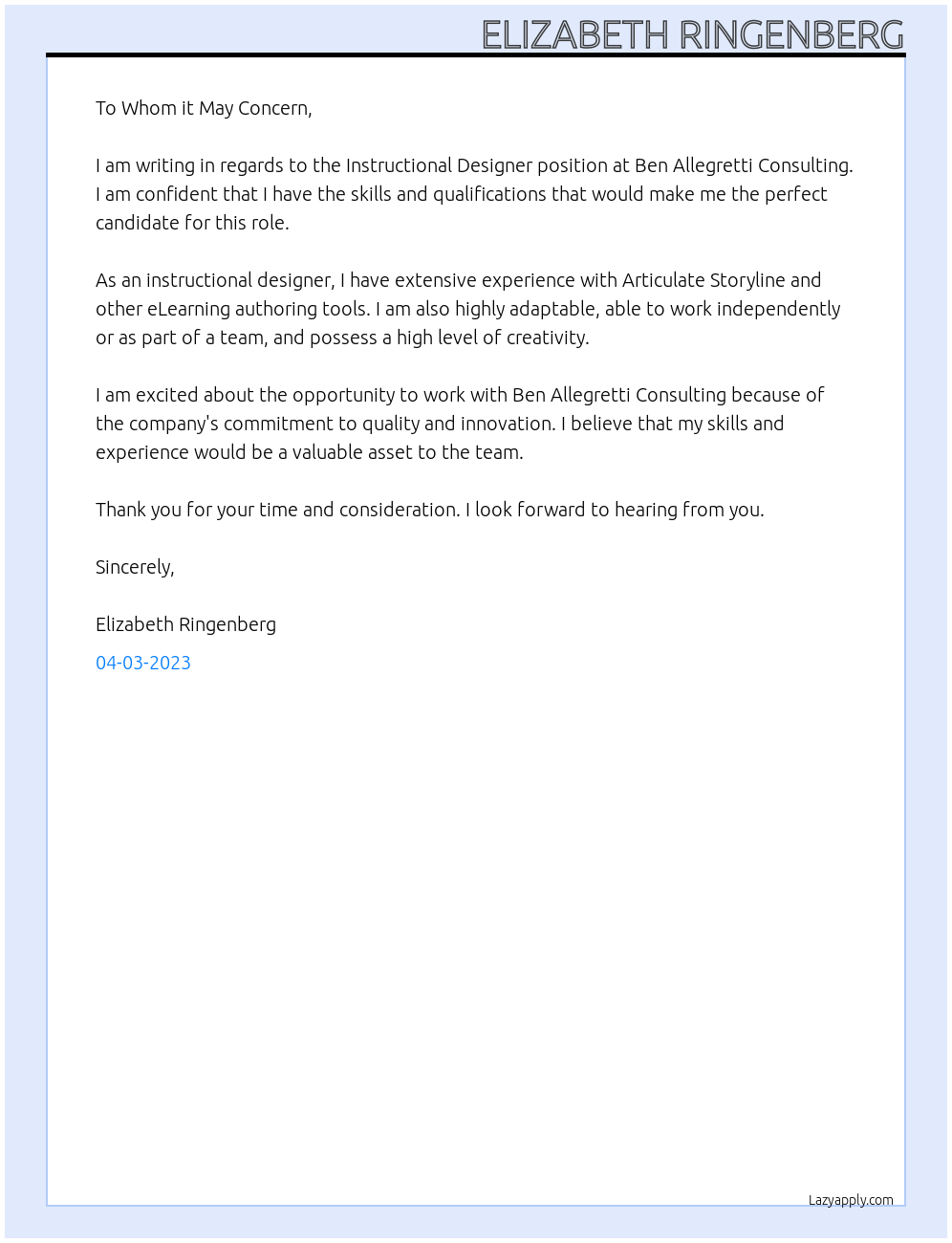 Instructional Designer At Ben Allegretti Consulting Cover Letter