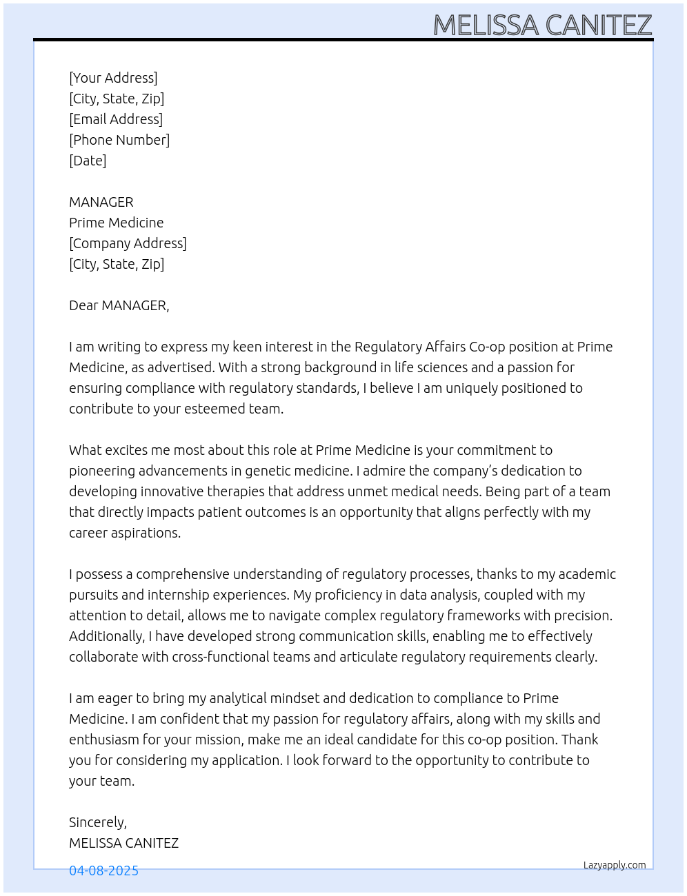 Cover letter for regulatory affairs co-op - LazyApply