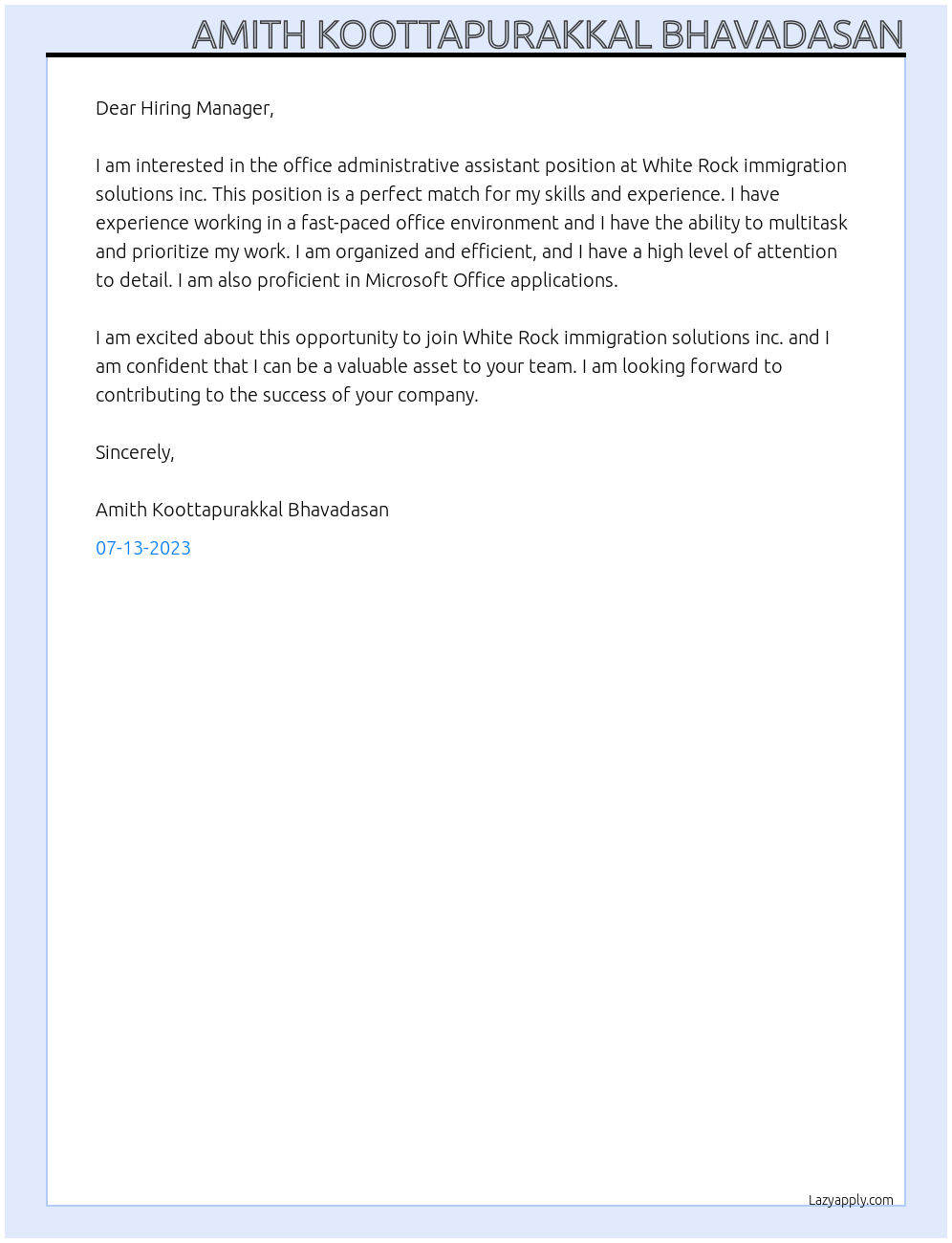 Office administrative assistant At White Rock immigration solutions inc Cover Letter