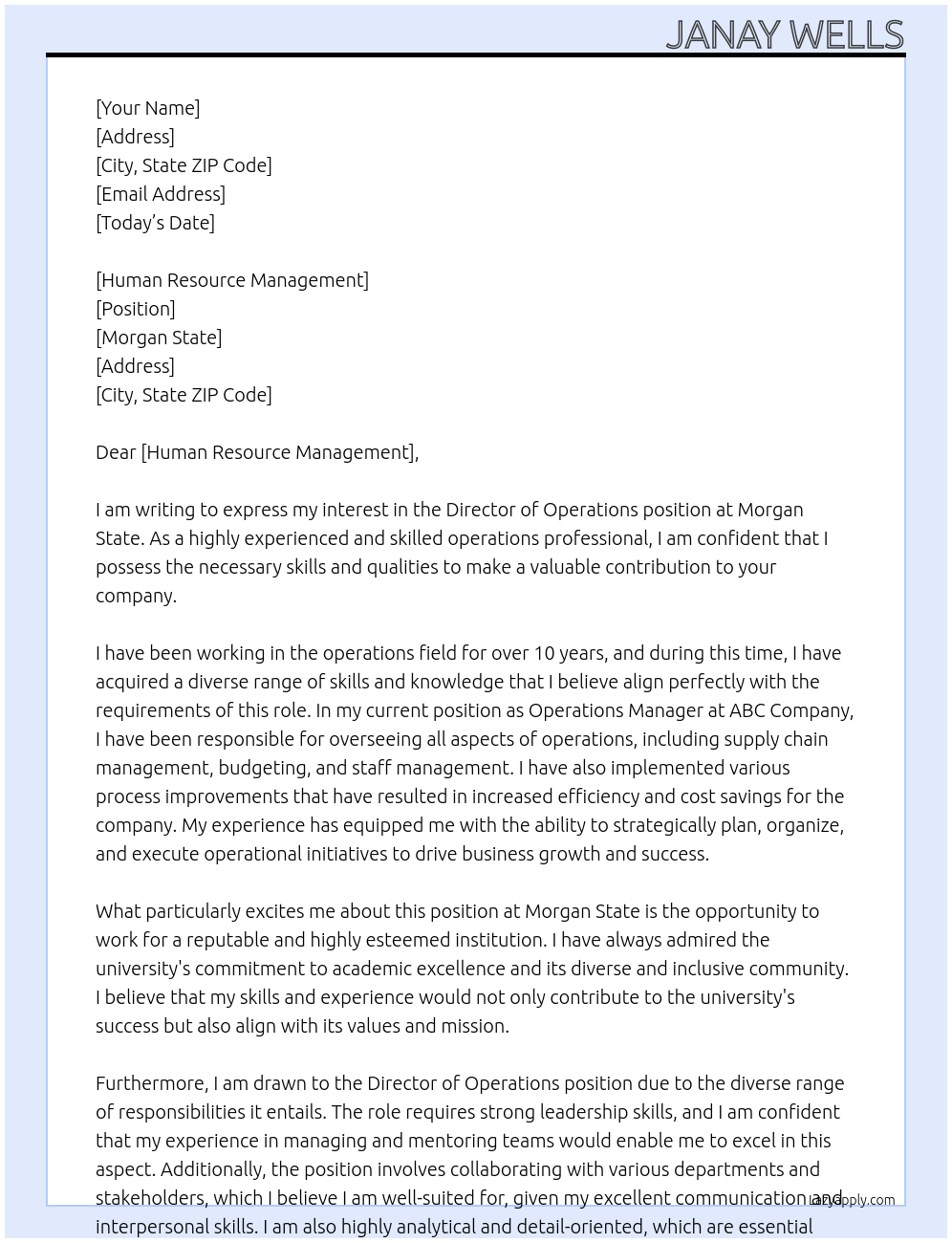 Director of Operations At Morgan State Cover Letter