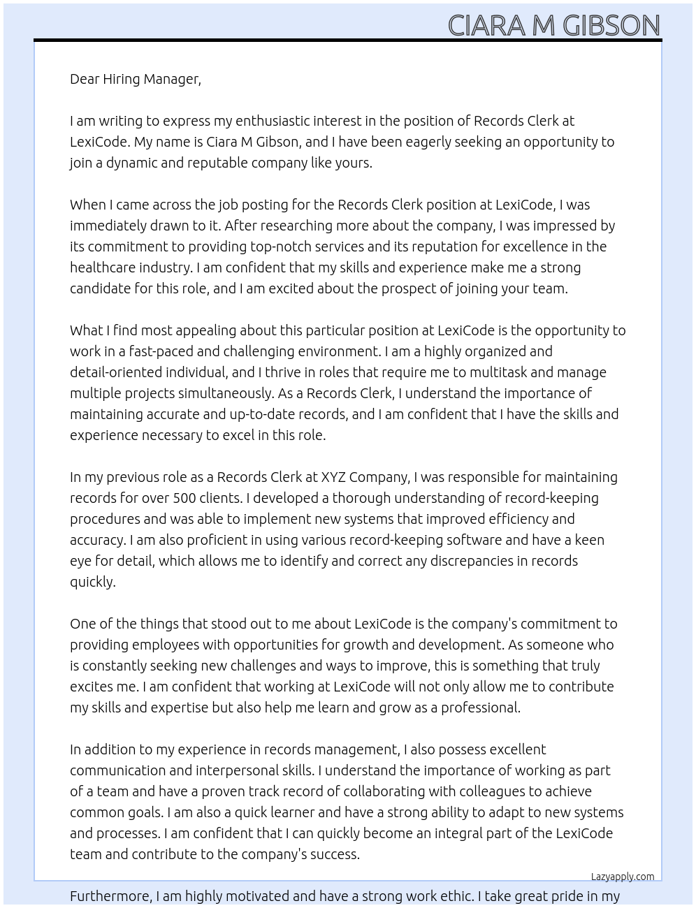 records clerk At LexiCode Cover Letter