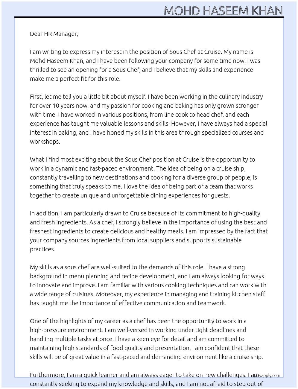 Sous chef At Cruise Cover Letter