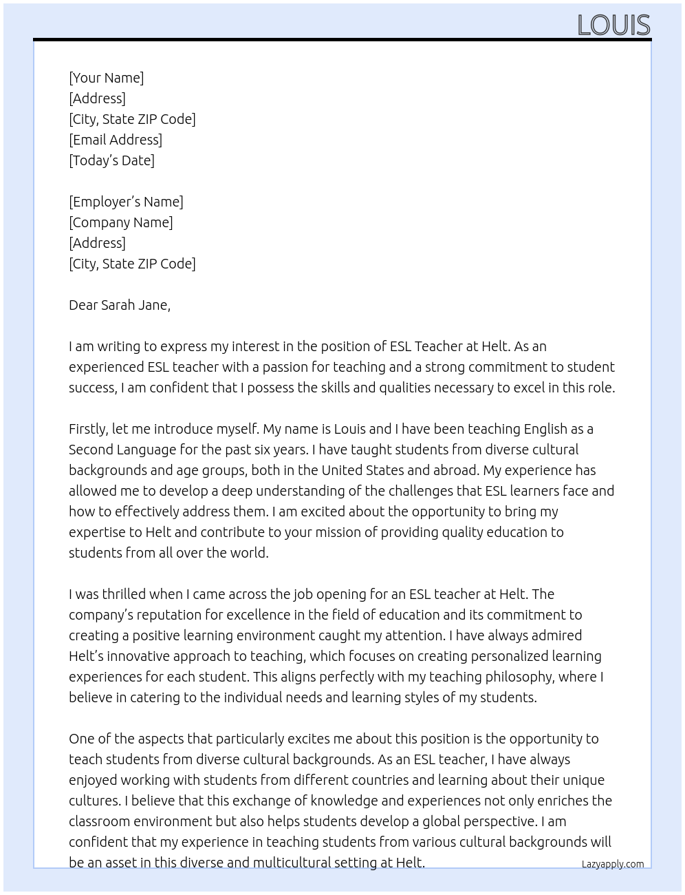 esl teacher At Helt Cover Letter