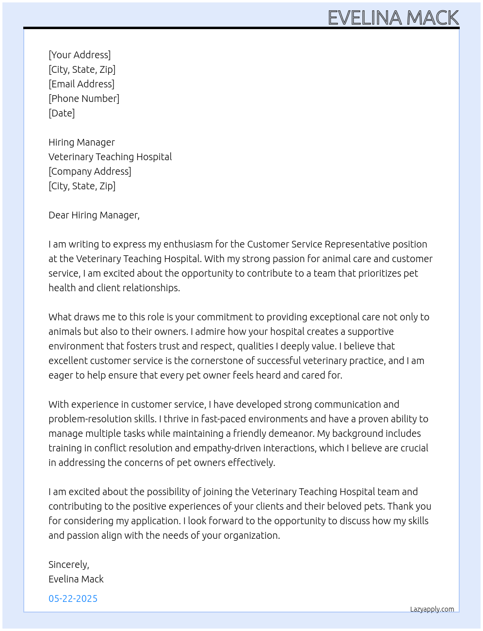 Customer Service Representative At Veterinary Teaching Hospital Cover Letter