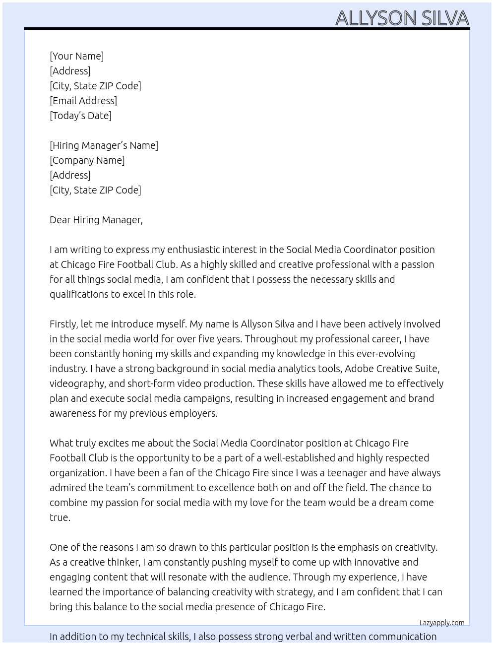 Social Media Coordinator  At Chicago Fire Football Club Cover Letter
