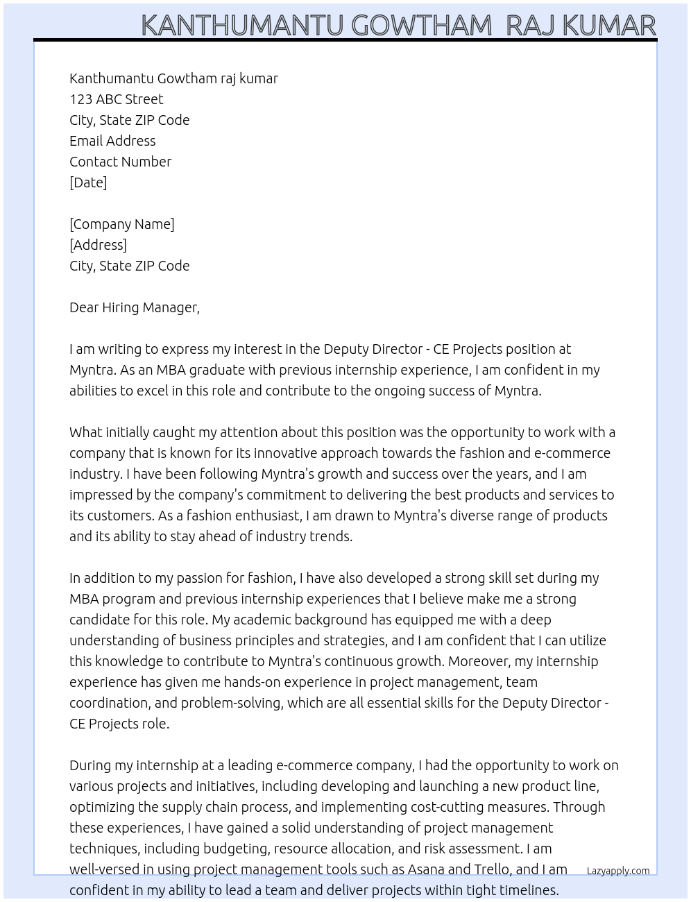 Deputy Director - CE Projects At myntra Cover Letter