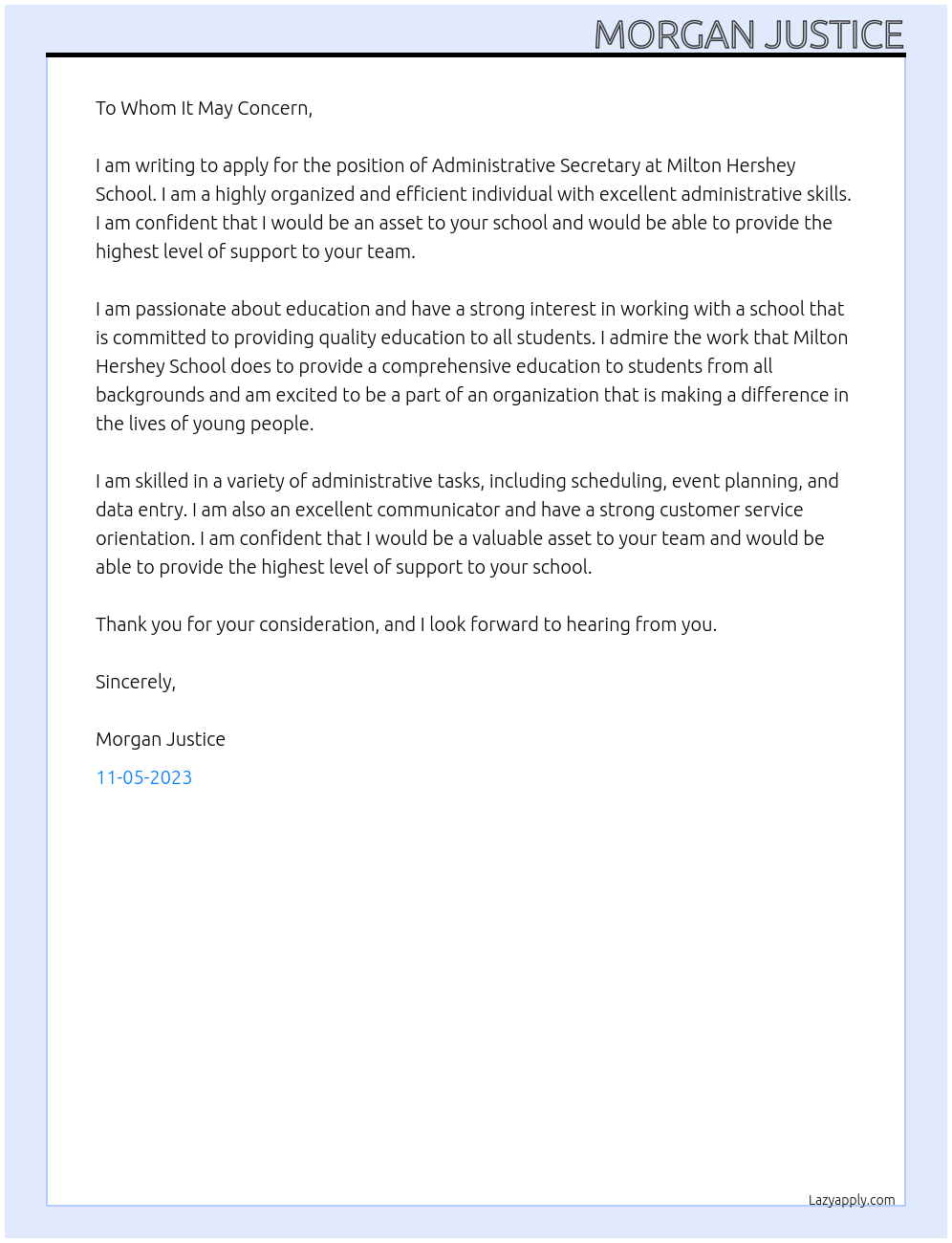 Administrative Secretary At Milton Hershey School Cover Letter