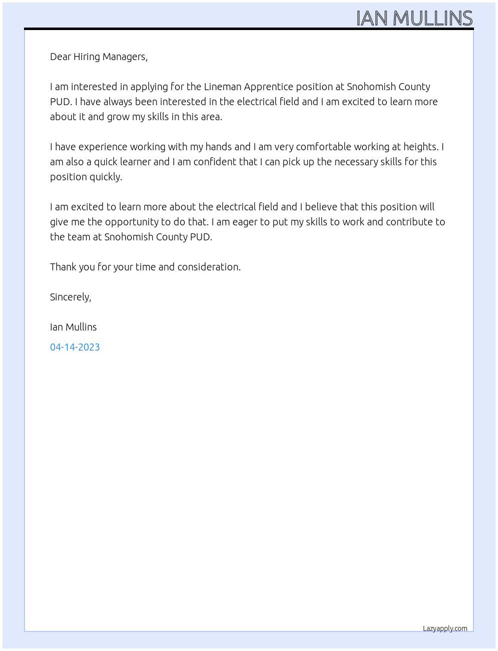 Lineman Apprentice  At Snohomish County PUD Cover Letter