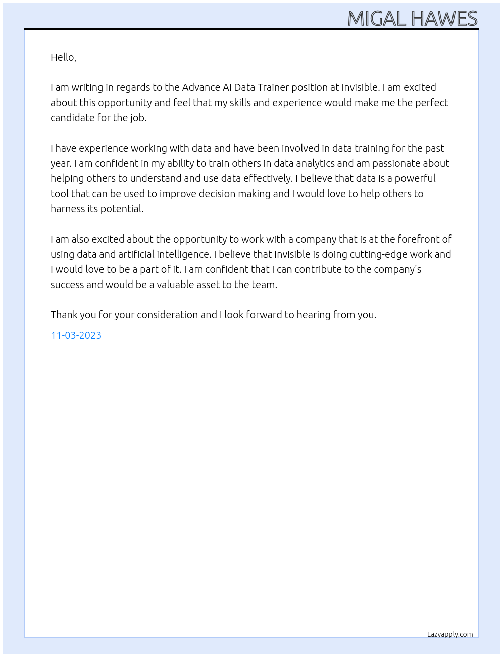 Advance AI Data Trainer At Invisible Cover Letter