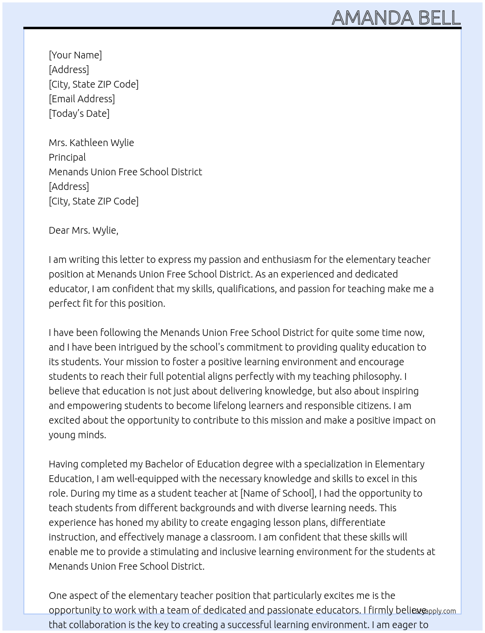 elementary teacher At Menands Union Free School District Cover Letter