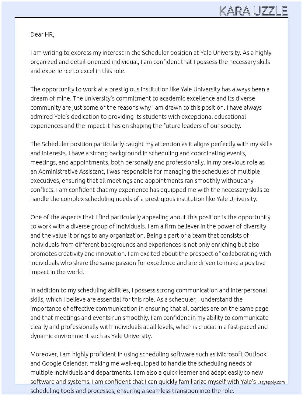 Scheduler At Yale University Cover Letter
