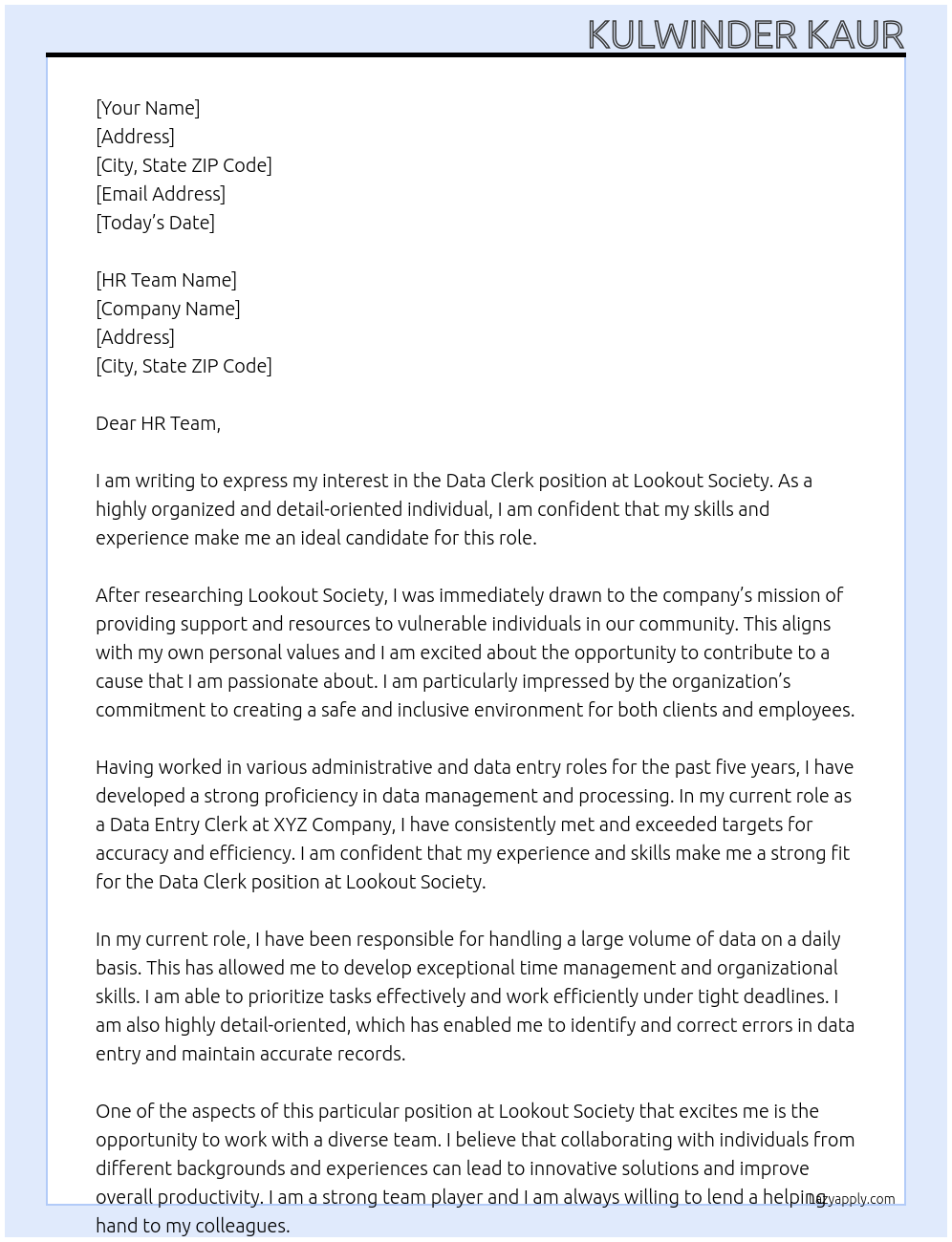 DATA CLERK At LOOKOUT SOCIETY Cover Letter