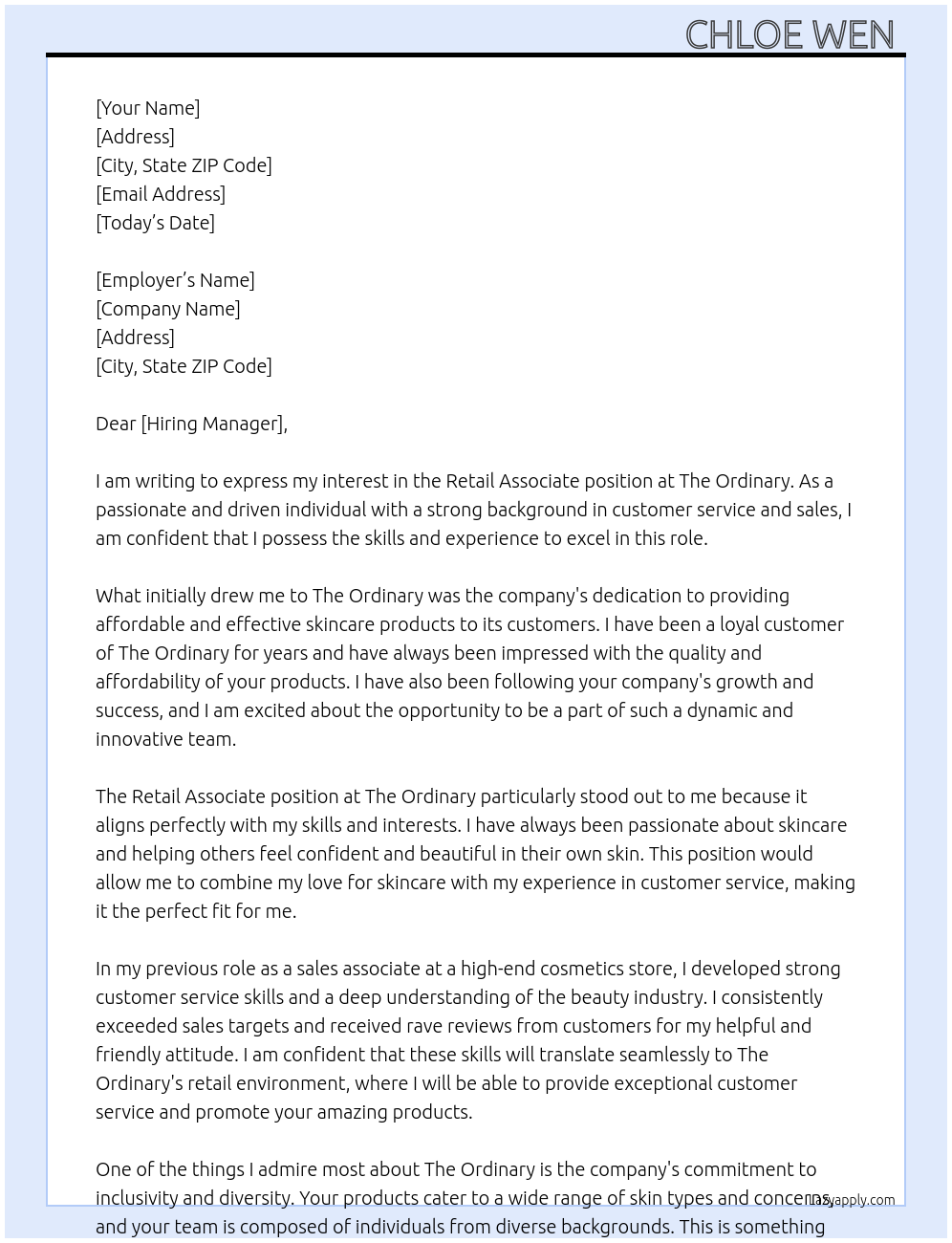 retail associate At The ordinary Cover Letter