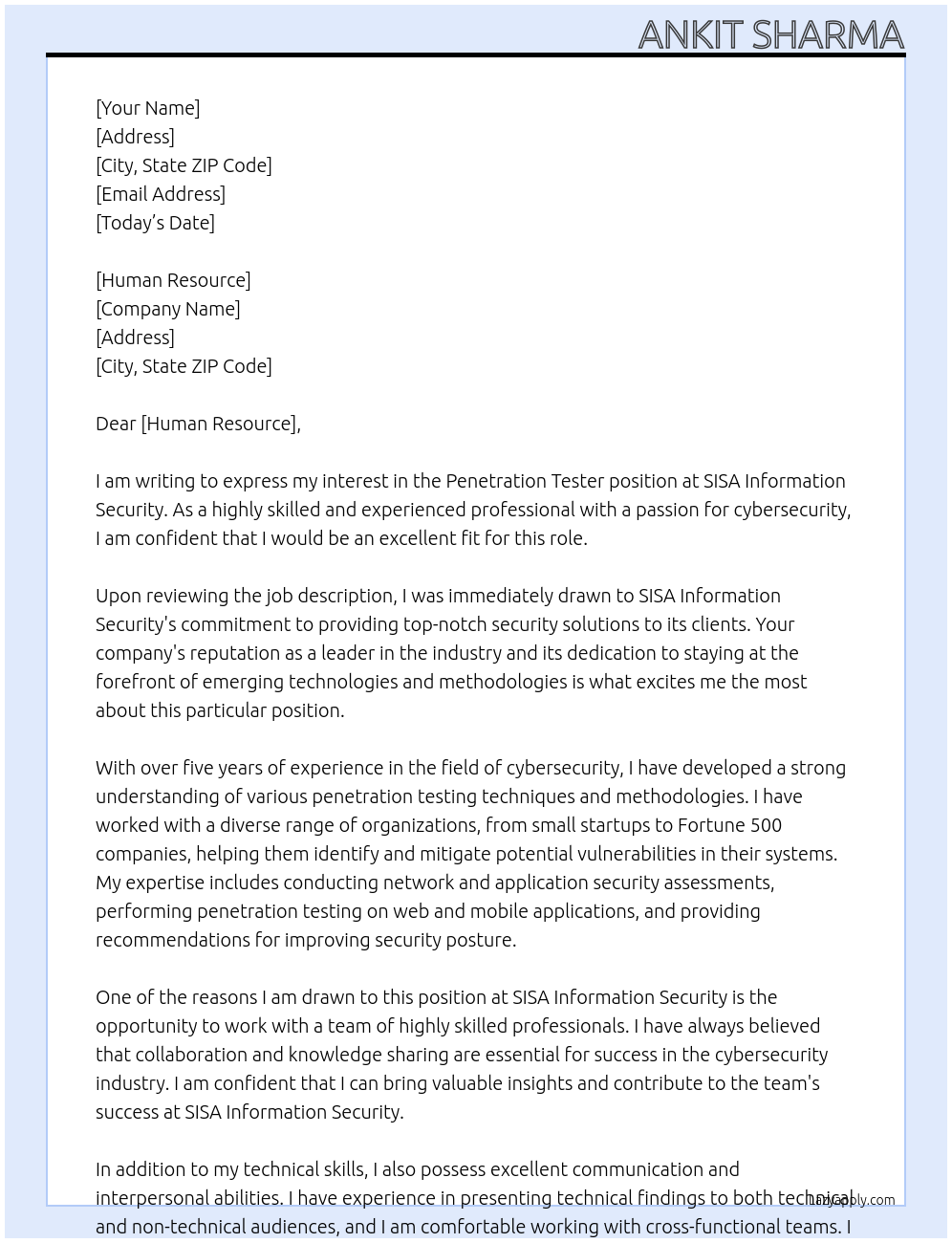 Penetration Tester At SISA Information Security Cover Letter