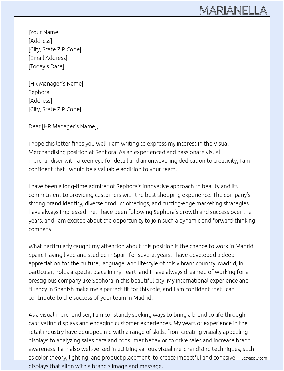 Visual Merchandising  At Sephora Cover Letter