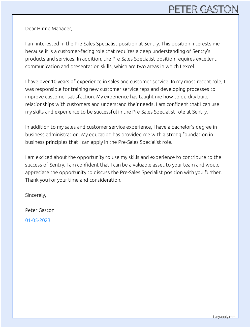 Pre-Sales Specialist At Sentry   Cover Letter