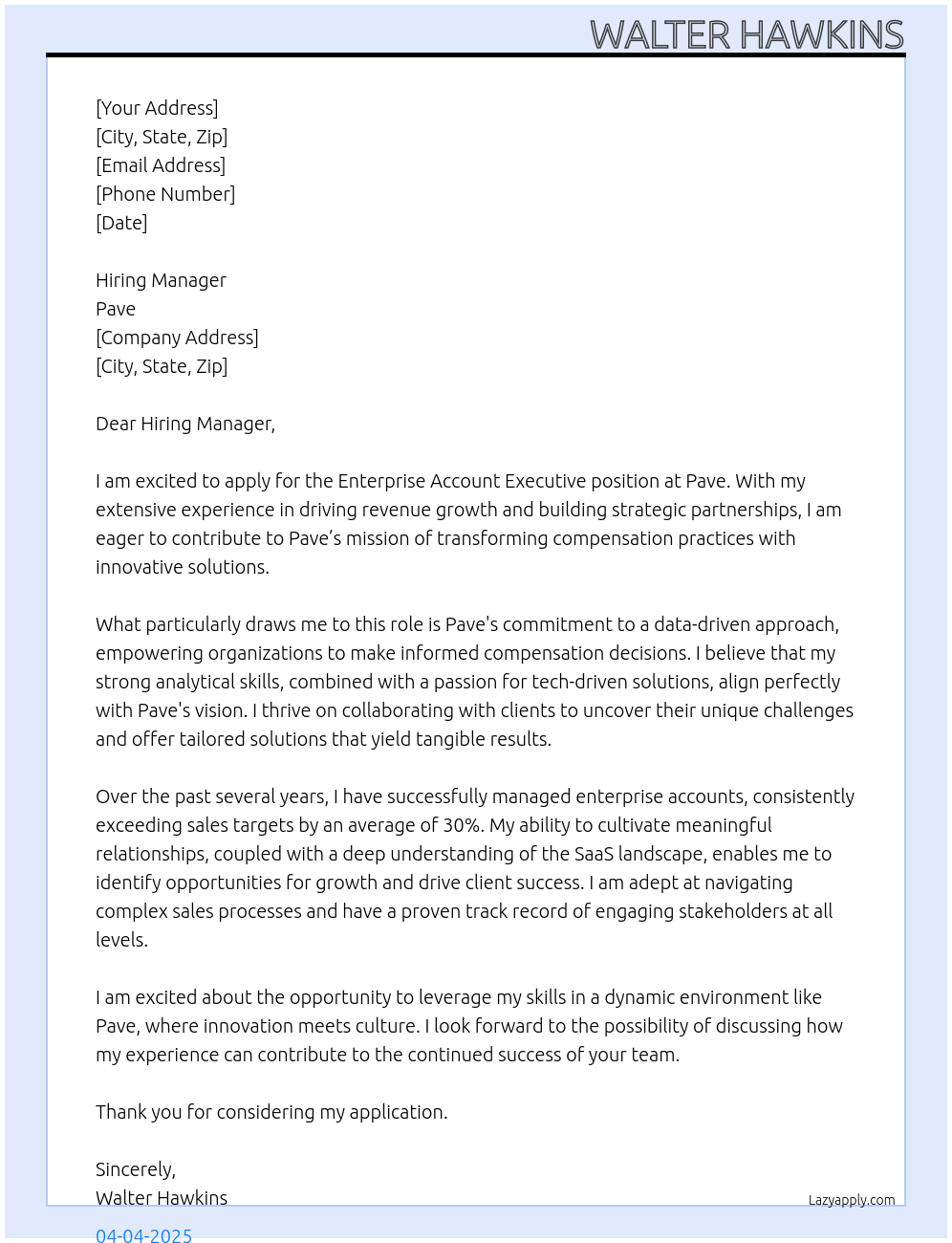 Enterprise Account Executive At Pave Cover Letter