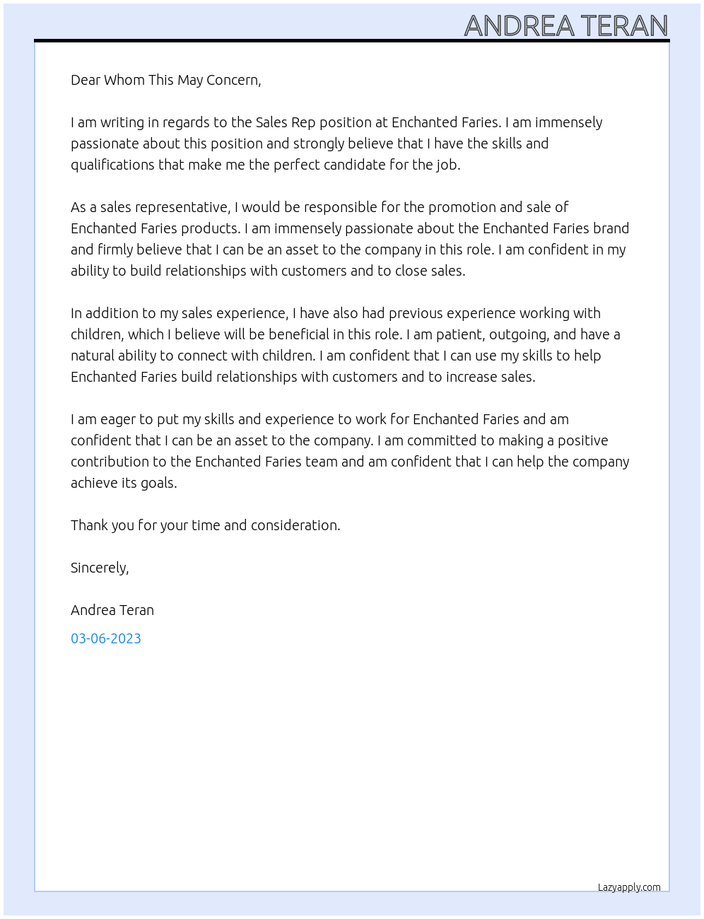 Sales Rep At Enchanted Faries Cover Letter