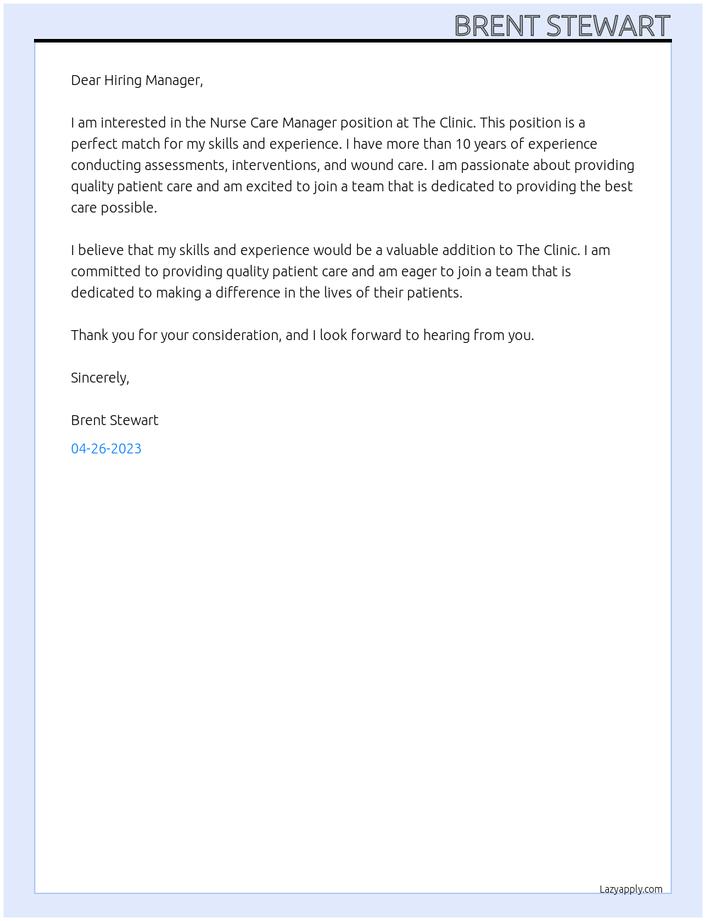 Nurse Care Manager At The Clinic Cover Letter