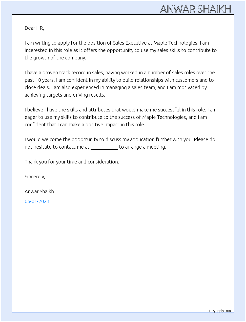 Sale executive At Maple technologies Cover Letter
