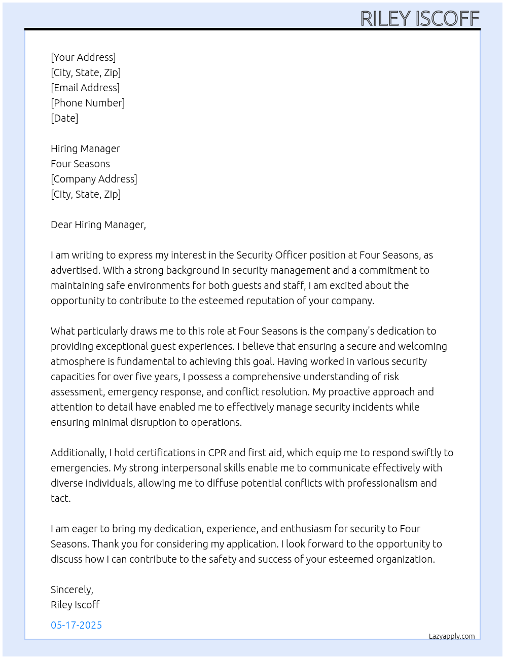 Security Officer  At Four Seasons Cover Letter
